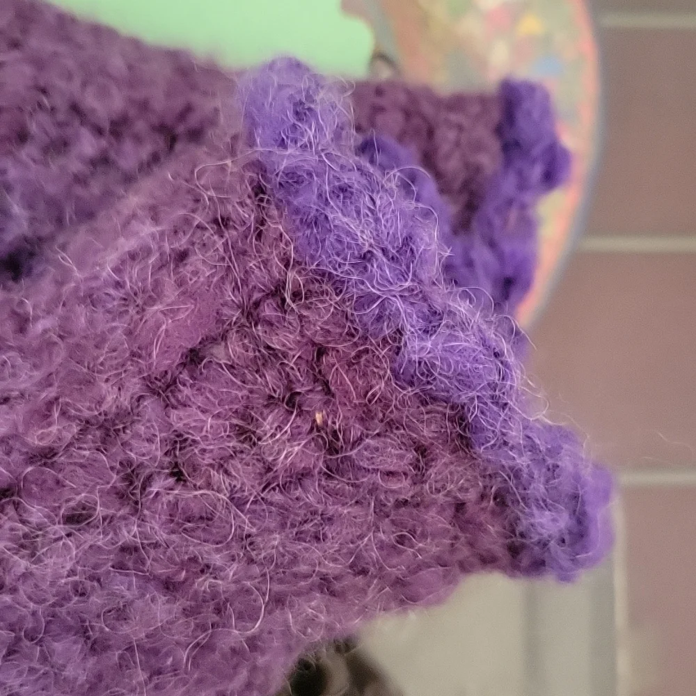 Ladies fuzzy Acrylic crocheted varigated purple mittens with cream fleece lining